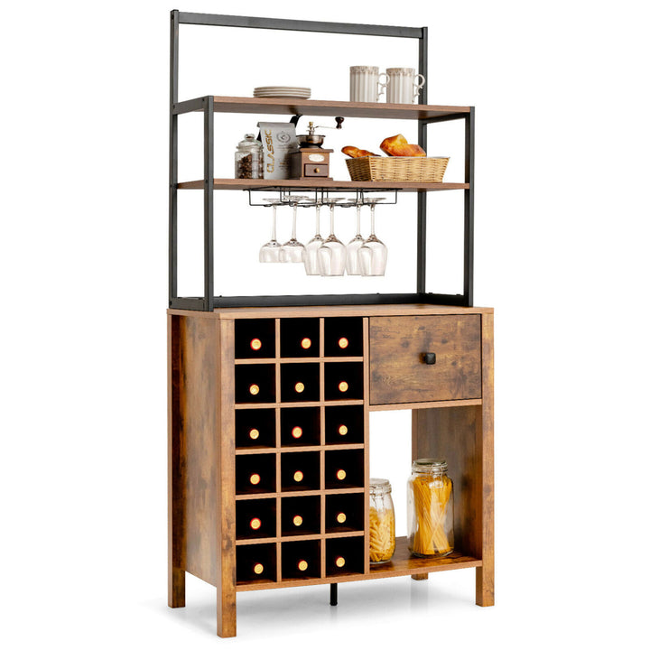 Kitchen Bakers Rack Freestanding Wine Rack Table w/ Glass Holder and Drawer Black / Rustic Image 4