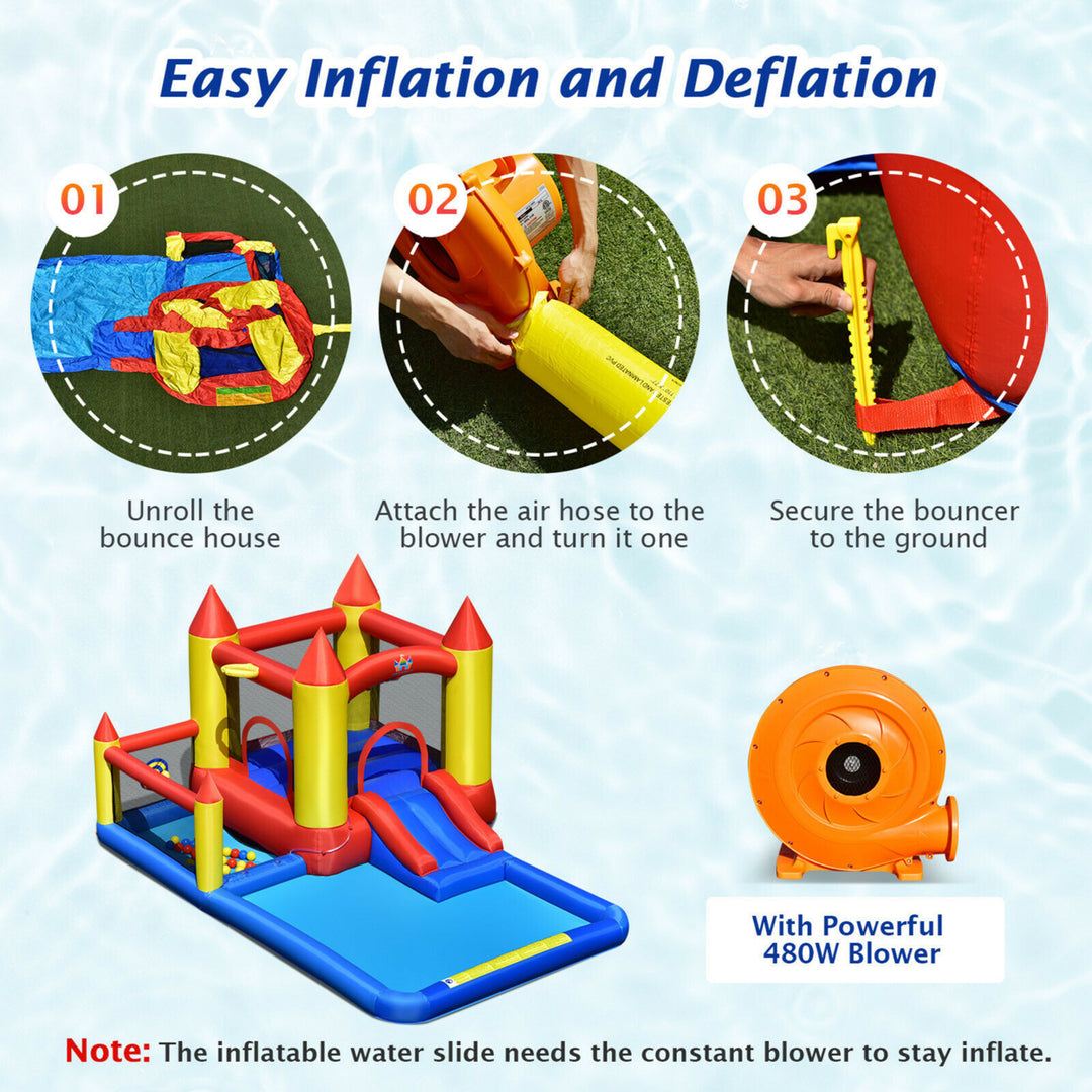 Inflatable Water Slide Castle Kids Bounce House Indoor and Outdoor w/ 480W Blower Image 8