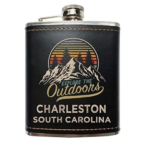 Charleston South Carolina Explore the Outdoors Souvenir Black Leather Wrapped Stainless Steel 7 oz Flask Image 1