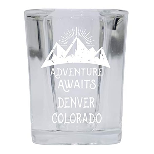 Denver Colorado Souvenir Laser Engraved 2 Ounce Square Base Liquor Shot Glass 4-Pack Adventure Awaits Design Image 1