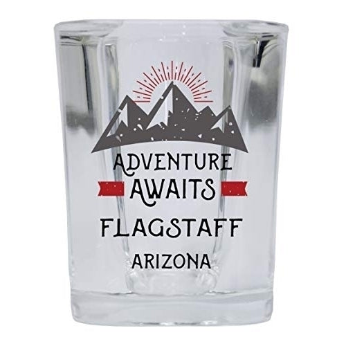 Flagstaff Arizona Souvenir 2 Ounce Square Base Liquor Shot Glass Adventure Awaits Design Image 1