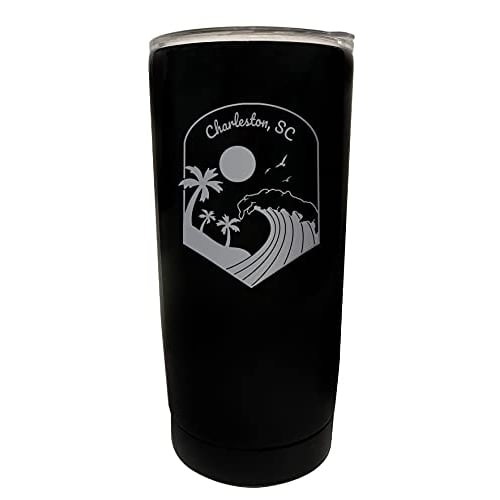 R and R Imports Charleston South Carolina Etched 16 oz Stainless Steel Tumbler Wave design Black. Image 1