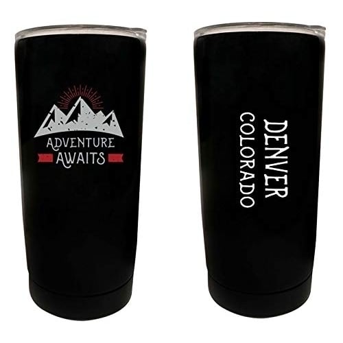 R and R Imports Denver Colorado Souvenir 16 oz Stainless Steel Insulated Tumbler Adventure Awaits Design Black. Image 1