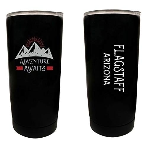 R and R Imports Flagstaff Arizona Souvenir 16 oz Stainless Steel Insulated Tumbler Adventure Awaits Design Black. Image 1