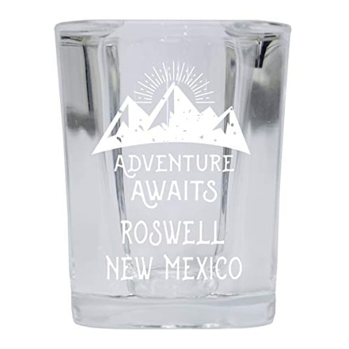 Roswell Mexico Souvenir Laser Engraved 2 Ounce Square Base Liquor Shot Glass Adventure Awaits Design Image 1