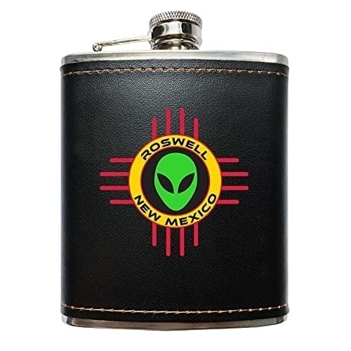 Roswell  Mexico UFO Alien I Believe Souvenir Black Leather Wrapped Stainless Steel 7 oz Flask Image 1