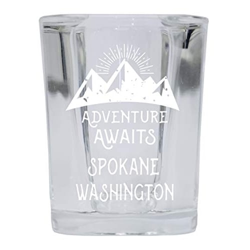 Spokane Washington Souvenir Laser Engraved 2 Ounce Square Base Liquor Shot Glass Adventure Awaits Design Image 1