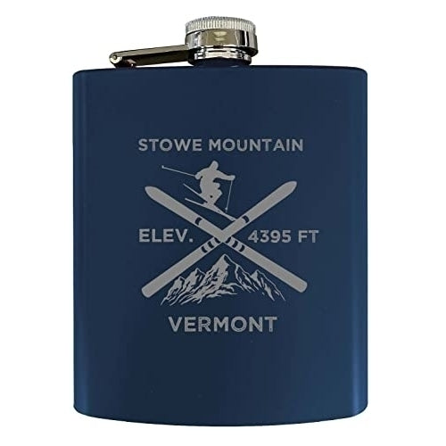 Stowe Mountain Vermont Ski Snowboard Winter Adventures Stainless Steel 7 oz Flask Navy Image 1