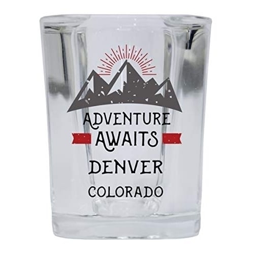 Denver Colorado Souvenir 2 Ounce Square Base Liquor Shot Glass Adventure Awaits Design Image 1