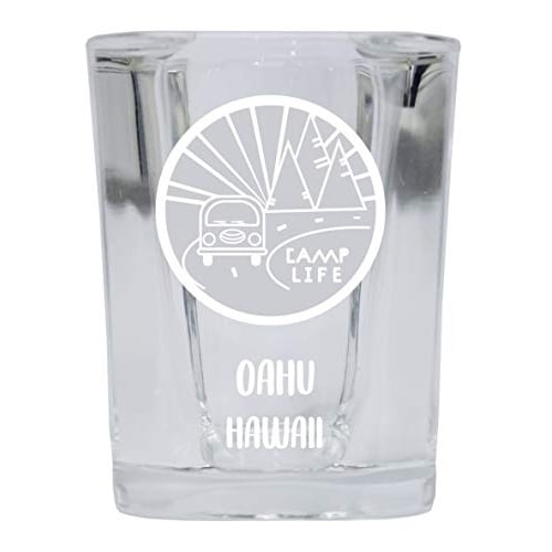 Oahu Hawaii Souvenir Laser Engraved 2 Ounce Square Base Liquor Shot Glass 4-Pack Camp Life Design Image 1