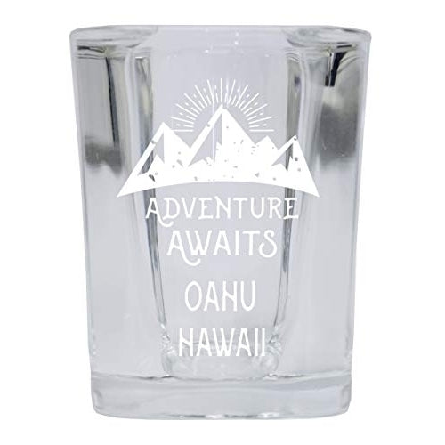 Oahu Hawaii Souvenir Laser Engraved 2 Ounce Square Base Liquor Shot Glass Adventure Awaits Design Image 1