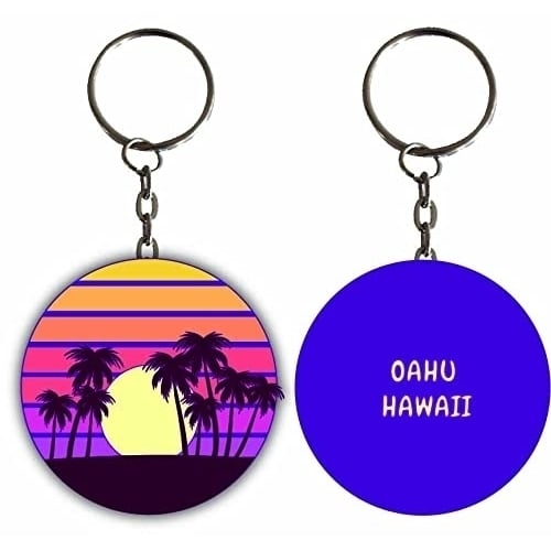 Oahu Hawaii Sunset Palm Metal Keychain Image 1