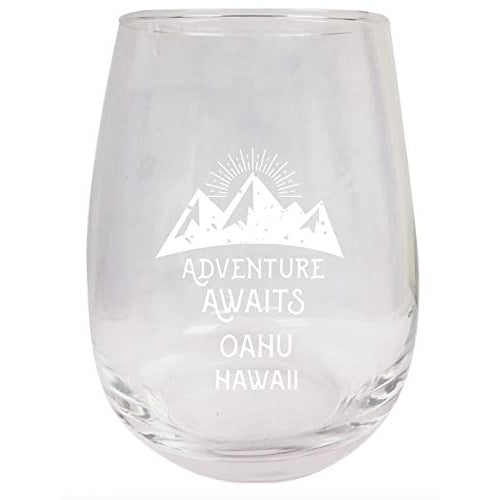 Oahu Hawaii Souvenir 9 Ounce Laser Engraved Stemless Wine Glass Adventure Awaits Design 2-Pack Image 1