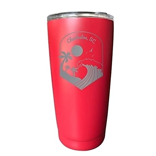 R and R Imports Charleston South Carolina Etched 16 oz Stainless Steel Tumbler Wave design Red. Image 1