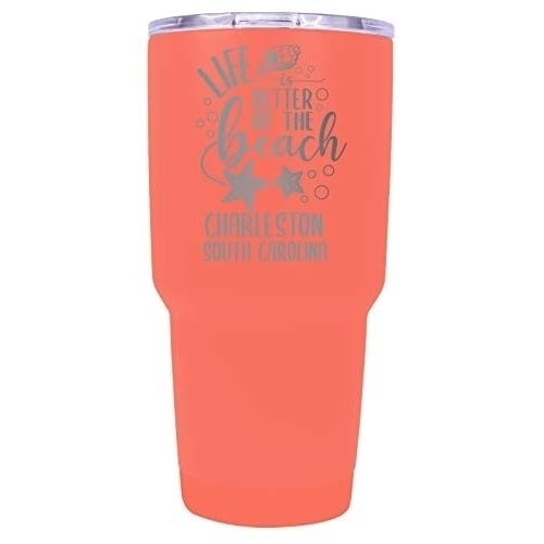 Charleston South Carolina Souvenir Laser Engraved 24 Oz Insulated Stainless Steel Tumbler Coral. Image 1