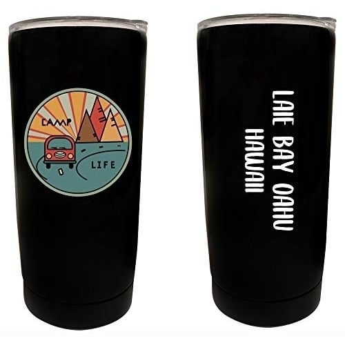 R and R Imports Laie Bay Oahu Hawaii Souvenir 16 oz Stainless Steel Insulated Tumbler Camp Life Design Black. Image 1