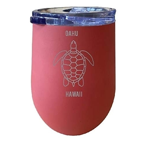 R and R Imports Oahu Hawaii Souvenir 12 oz Coral Laser Etched Insulated Wine Stainless Steel Turtle Design Image 1