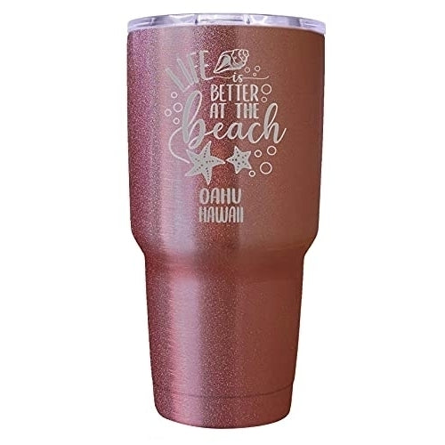Oahu Hawaii Laser Engraved 24 Oz Insulated Stainless Steel Tumbler Rose Gold Image 1