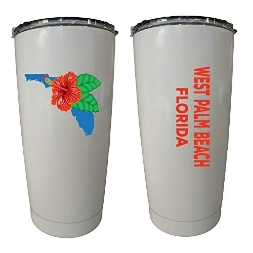 R and R Imports West Palm Beach Florida 20 oz Insulated Stainless Steel Tumbler Hibiscus Flower Design White. Image 1