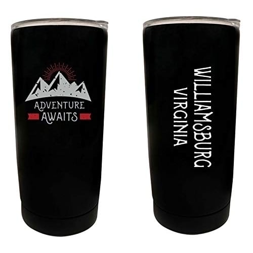 R and R Imports Williamsburg Virginia Souvenir 16 oz Stainless Steel Insulated Tumbler Adventure Awaits Design Black. Image 1