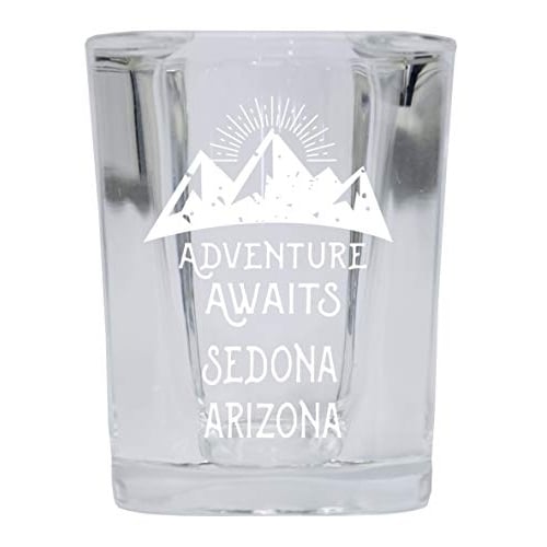 Sedona Arizona Souvenir Laser Engraved 2 Ounce Square Base Liquor Shot Glass Adventure Awaits Design Image 1