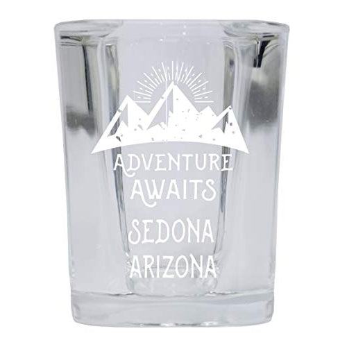 Sedona Arizona Souvenir Laser Engraved 2 Ounce Square Base Liquor Shot Glass 4-Pack Adventure Awaits Design Image 1