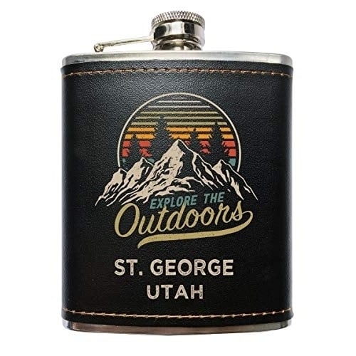 St. George Utah Explore the Outdoors Souvenir Black Leather Wrapped Stainless Steel 7 oz Flask Image 1