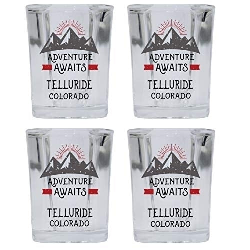 Telluride Colorado Souvenir 2 Ounce Square Base Liquor Shot Glass Adventure Awaits Design 4-Pack Image 1