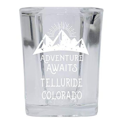 Telluride Colorado Souvenir Laser Engraved 2 Ounce Square Base Liquor Shot Glass Adventure Awaits Design Image 1