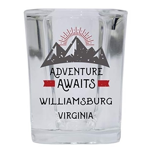 Williamsburg Virginia Souvenir 2 Ounce Square Base Liquor Shot Glass Adventure Awaits Design Image 1