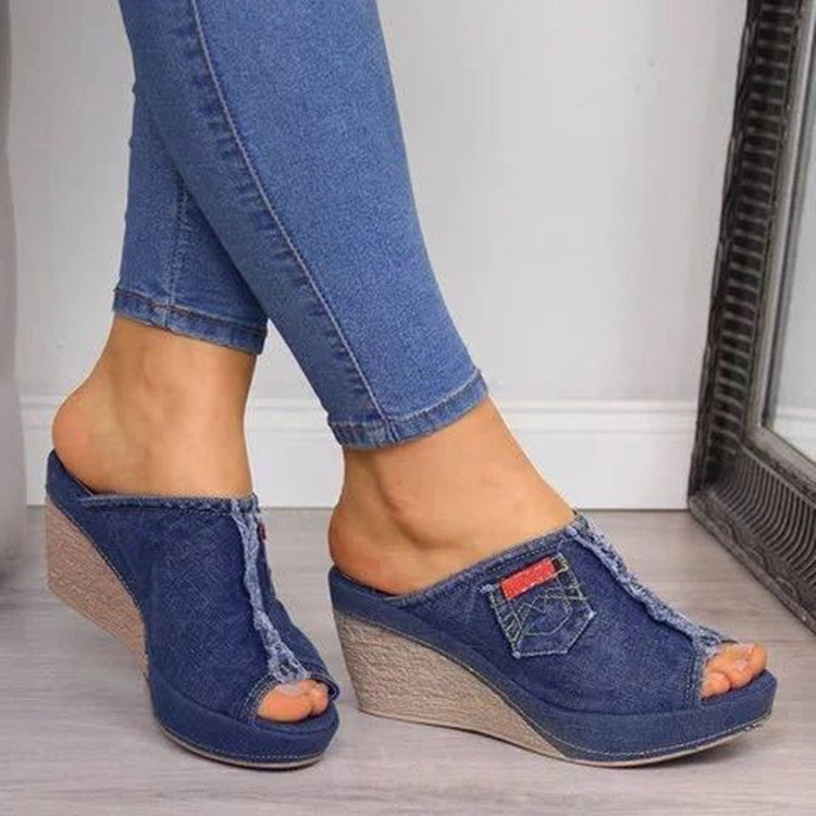 Women Slip-on Peep Toe Wedge Canvas Sandals Image 1