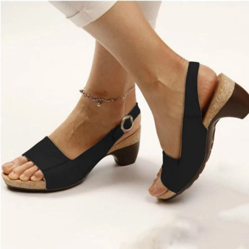 Solid Color Vintage Casual Chunky Heel Sandals Image 2
