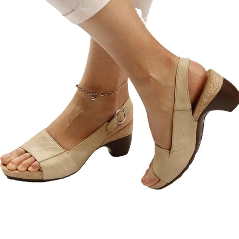 Solid Color Vintage Casual Chunky Heel Sandals Image 4