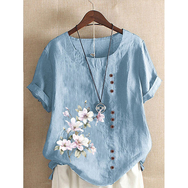 Round Neck Floral Buttoned Casual Blouse Image 1