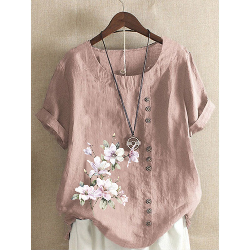 Round Neck Floral Buttoned Casual Blouse Image 2