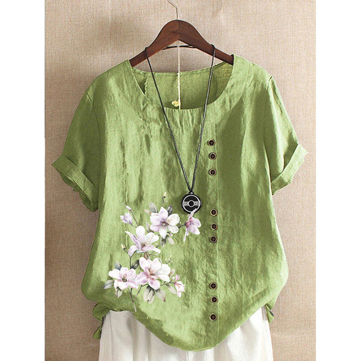 Round Neck Floral Buttoned Casual Blouse Image 3