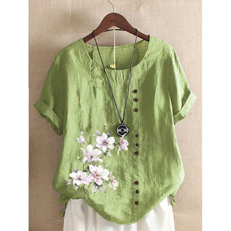 Round Neck Floral Buttoned Casual Blouse Image 1