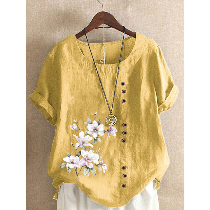 Round Neck Floral Buttoned Casual Blouse Image 4