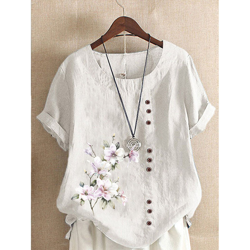 Round Neck Floral Buttoned Casual Blouse Image 4