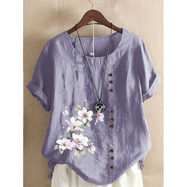 Round Neck Floral Buttoned Casual Blouse Image 6