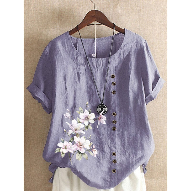 Round Neck Floral Buttoned Casual Blouse Image 1