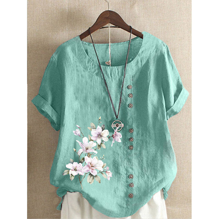 Round Neck Floral Buttoned Casual Blouse Image 7