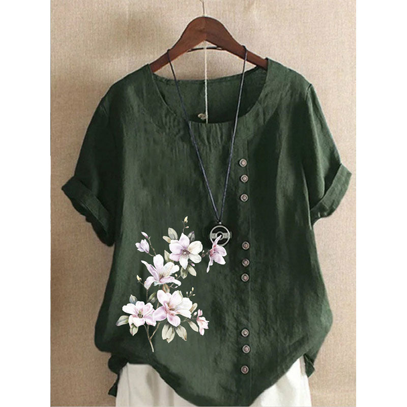 Round Neck Floral Buttoned Casual Blouse Image 8