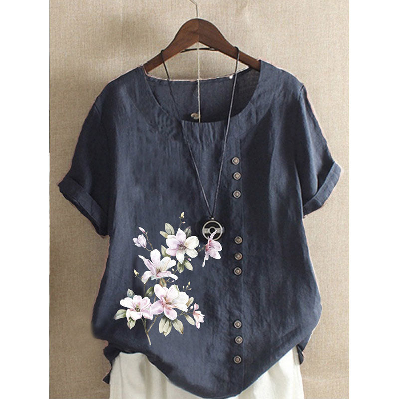 Round Neck Floral Buttoned Casual Blouse Image 9