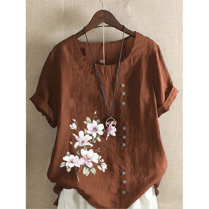 Round Neck Floral Buttoned Casual Blouse Image 10