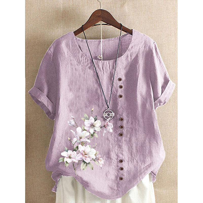 Round Neck Floral Buttoned Casual Blouse Image 11