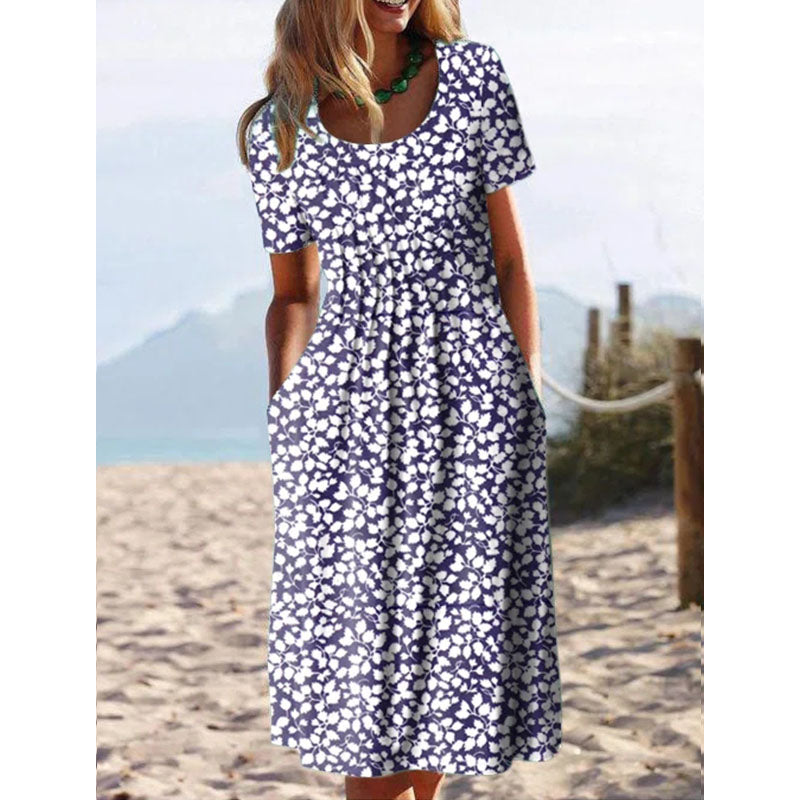 Round Neck Pockets Floral Casual Midi Dresses Image 4