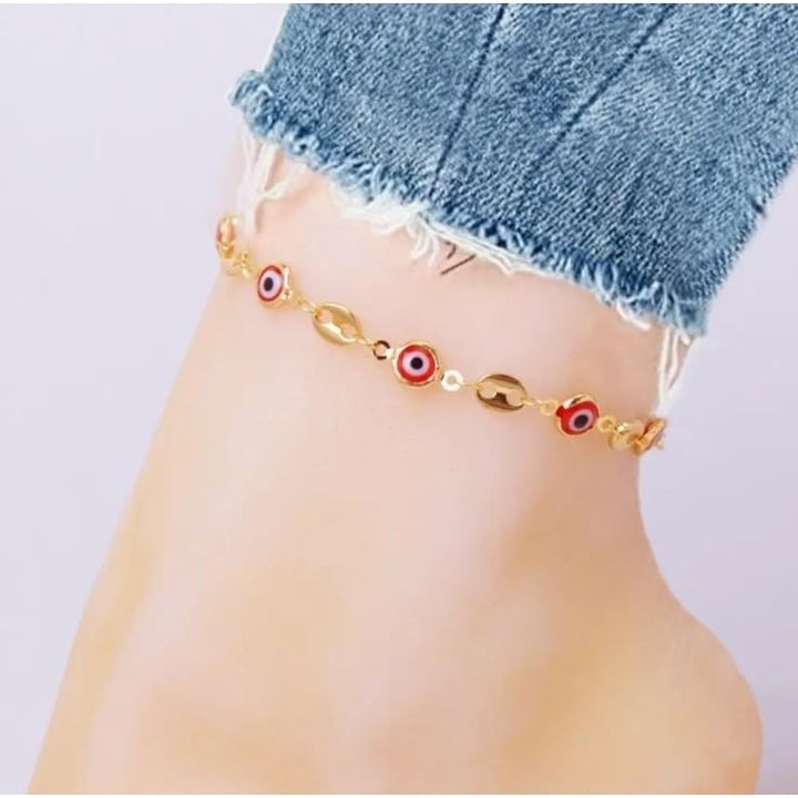 18K Gold Plated Mariner Red Evil Eye Crystal Anklet Image 1