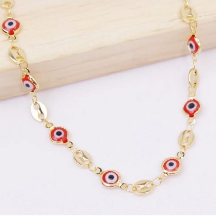 18K Gold Plated Mariner Red Evil Eye Crystal Anklet Image 2