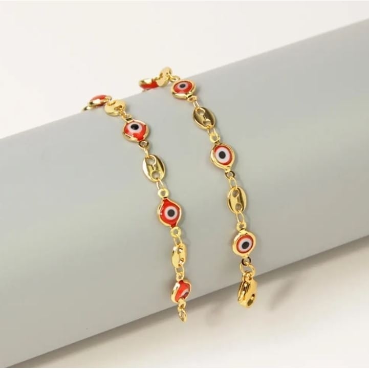 18K Gold Plated Mariner Red Evil Eye Crystal Anklet Image 3